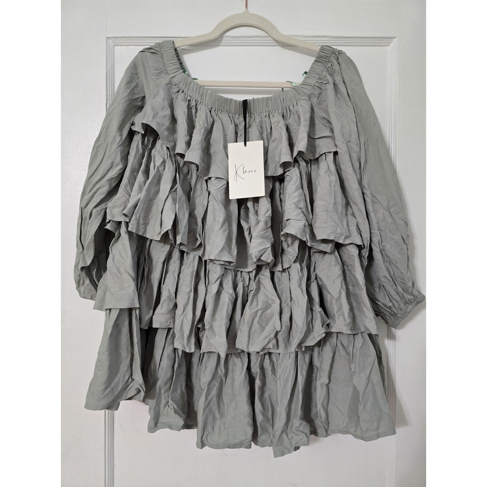 Klesis Women's Blouse Ruffle Size Small Off‎ Shoulder Gray Long Sleeve Shirt